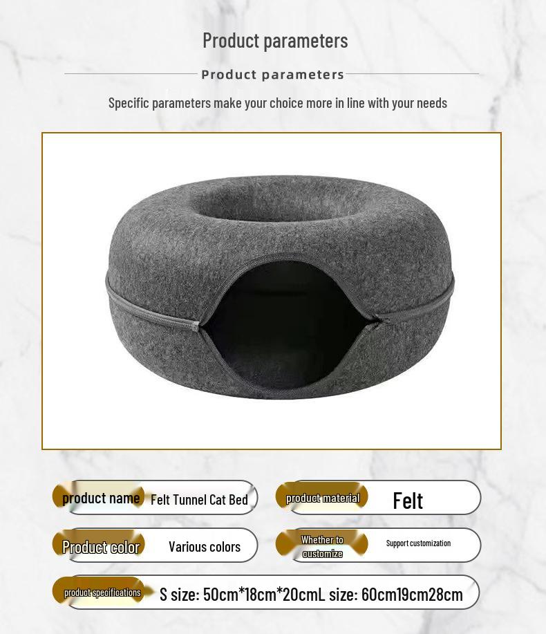 Felt Cat Bed Tunnel: Cozy Semi-Enclosed Donut, Maze Crawl-Through, Removable & Washable Pet House.