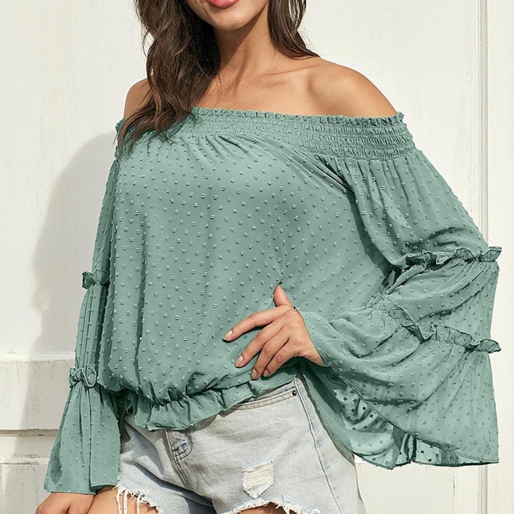 Fashion Flared Long-sleeved Chiffon Off-the-shoulder Neckline Hollow Loose Top