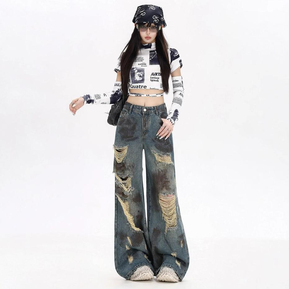 Comfortable Street Broken Holes Jeans Women Autumn Retro Loose Casual Washed Straight Wide Leg Pants Street Style Drag Floor Trousers Long Denim Pants