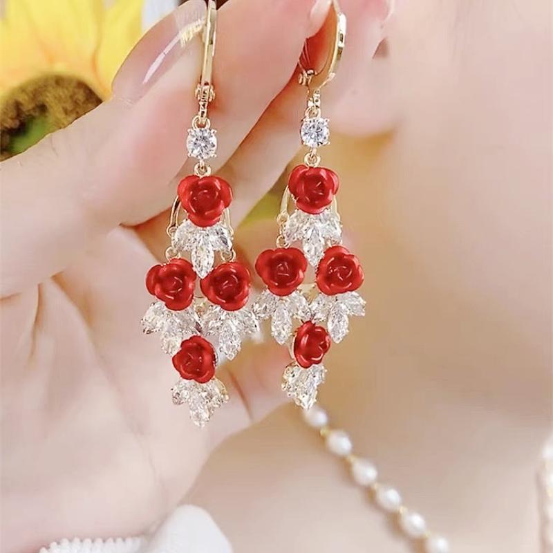 Elegant Red Rose Star Wave Earrings - High-End Light Luxury Long Studs for Women