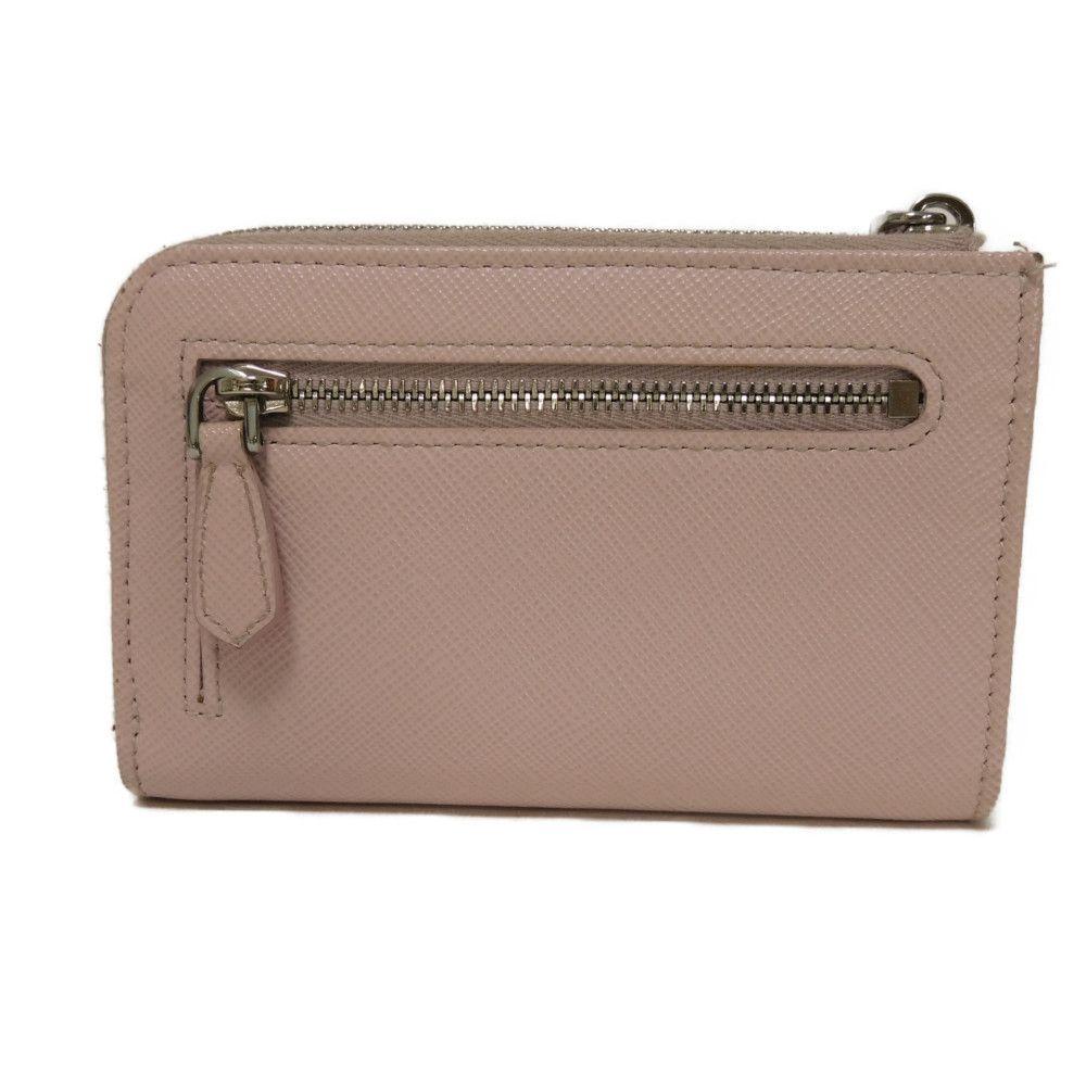 Used Saffiano Keychain 11569 1PP122 7943 L-shaped Zipper Key Ring with Card Case and RFID Triangle Logo, Pink, Women's