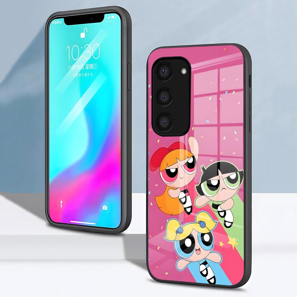 The P-Powerpuff Girls Cute Phone Case For Samsung S26 S25 S24 FE S23 S22 S21 Plus S20 Ultra Note20Ultra Black Glass Cover