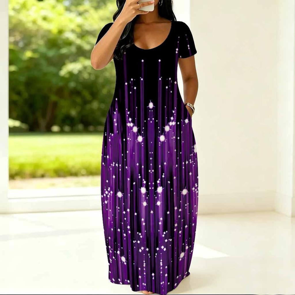 Summer Loose Crew Neck Dress Short Sleeve Plus Size For Ladies Daily Attire