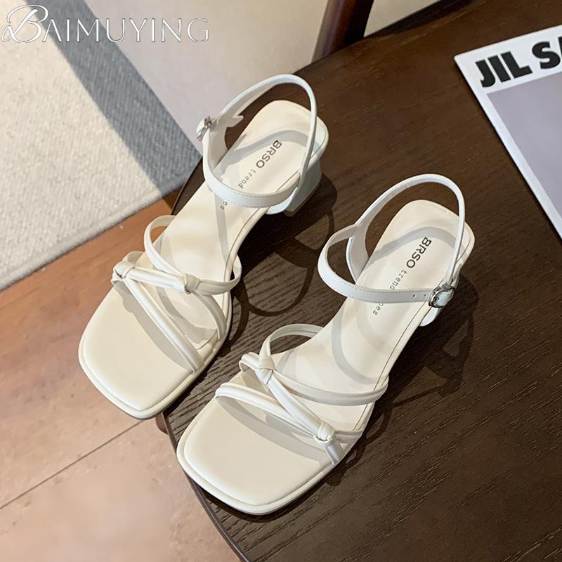 Women Heeled Sandals Square Toe Chunky Shoes Woman Slingback 2025 Trend Dress Shallow Loafers Summer Elegant Sandalias De Mujer