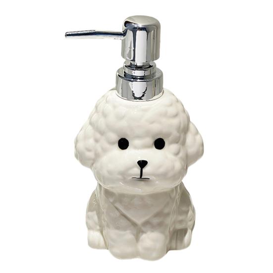 Dispensador de Sabão para Cães em Cerâmica de 400ML com Bomba Plástica, Recipiente Reabastecível em Formato de Filhote para Sabonete Líquido de Mãos, Frasco Vazio para Gel de Banho e Loção para Banheiro