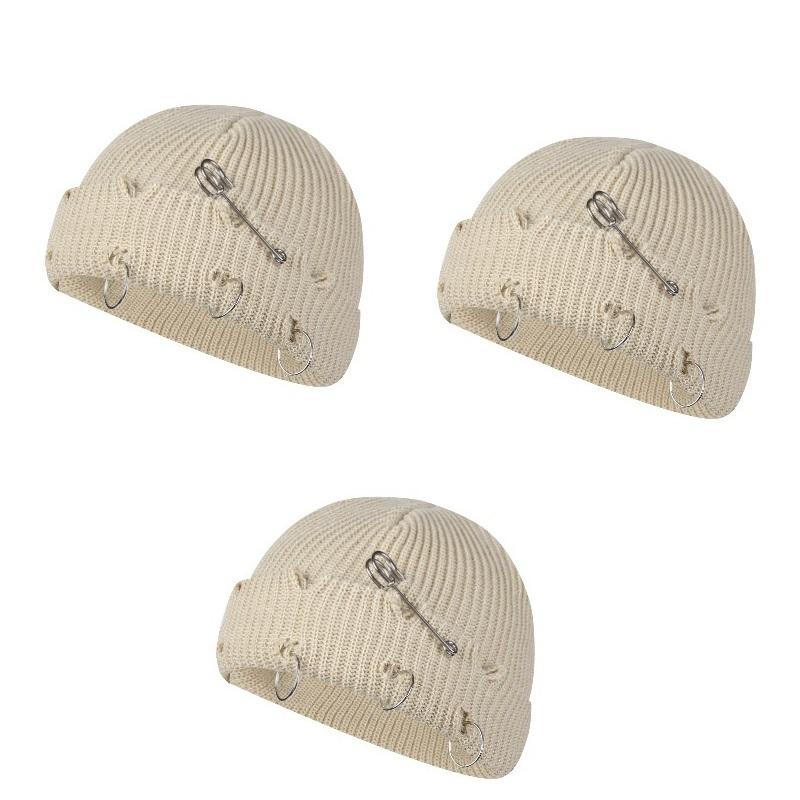 Women Girls Y2k Gothic Beanie Winter Knit Hats Trendy Metal Rings Pin Hip Hop Streetwear Harajuku Skull Cap Emo Scene Grunge