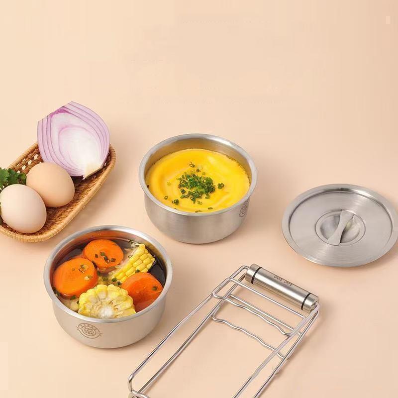 Rustfritt stål Dampet eggeskål med lokk Kjøkkenservise Fruktsalat Dessert Suppeskål Matbeholder Risnudelskål