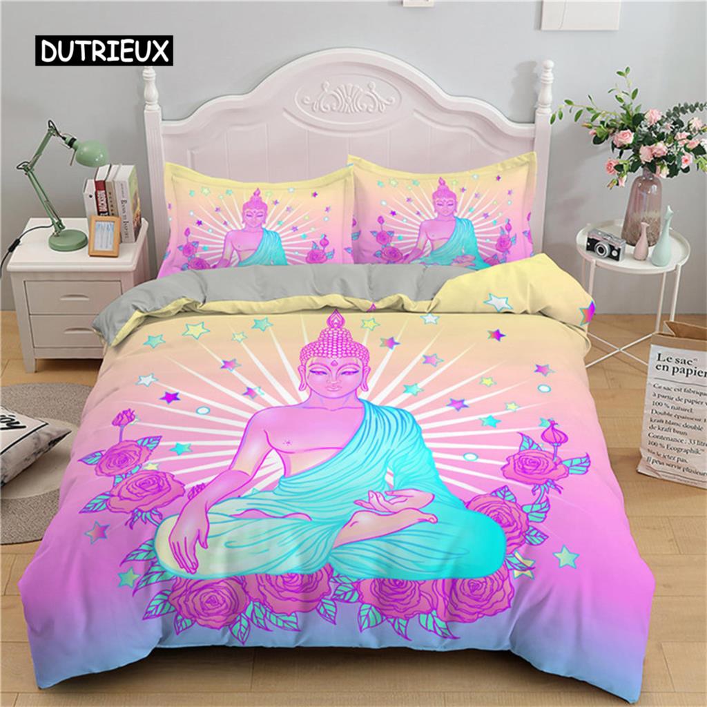 Fantasy Pilz Bettbezug Boho Lord Buddha Blumendruck Bettwäscheset Exotischer Indischer Stil Polyester Bettdecke Schlafzimmer Dekorieren