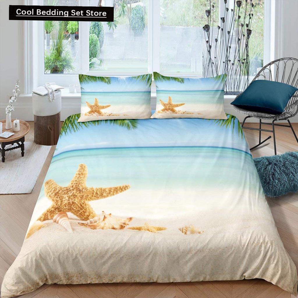 Beach Starfish Seashell King Queen Duvet Cover White Ocean Creatures Bedding Set Hawaii Quilt Cover Polyester Comforter Cover