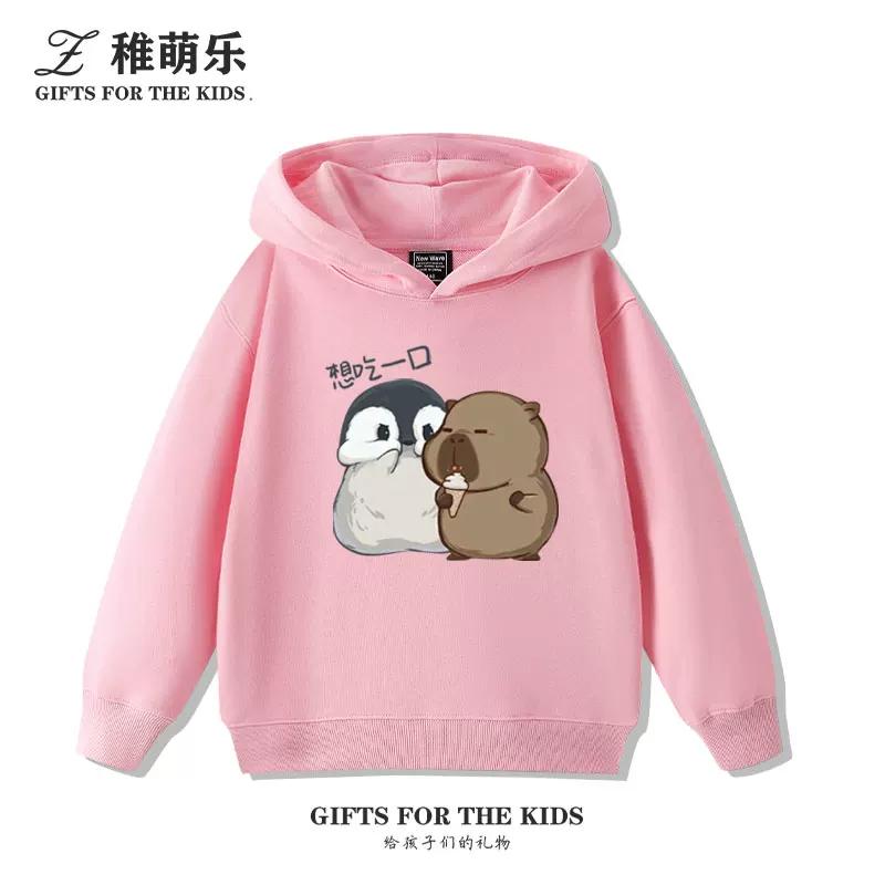 Cute Cartoon Capybara and Little Penguin Print Hoodie – Versatile, Casual, and Sporty Autumn/Winter Top for Boys and Girls