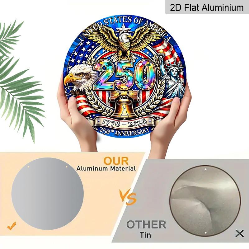 2D Flat Retro Round Aluminum Wall Hanging, 250th Independence Day Lettering Design, Indoor Outdoor Wall Decor, Commemorative Home Gift