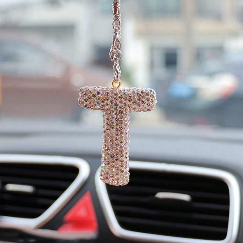 1pc Rhinestone A-Z Letter Car Rearview Mirror Pendant, Car Interior Decor