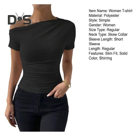 Damen Sommer T-Shirt Schrägkragen Kurzarm Slim Fit T-Shirt Einfarbig Seitlich Raffen Pullover Tops