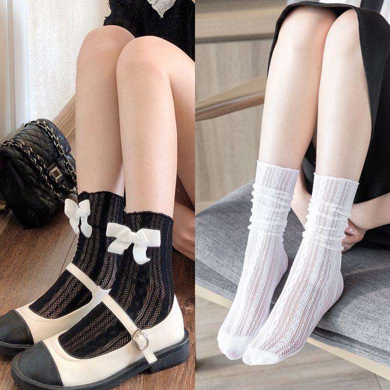 Damen Sommer Spitzen Schleife Netz Socken - Vertikales Muster, Netzmuster, Kurze Wadenlänge