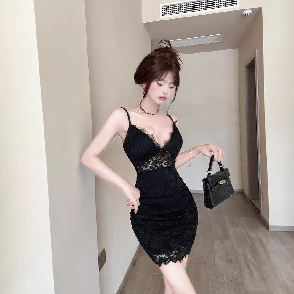 Nightclub women's clothing sexy low-cut v-neck fashion temperament suspender dress wind pure lace short skirt