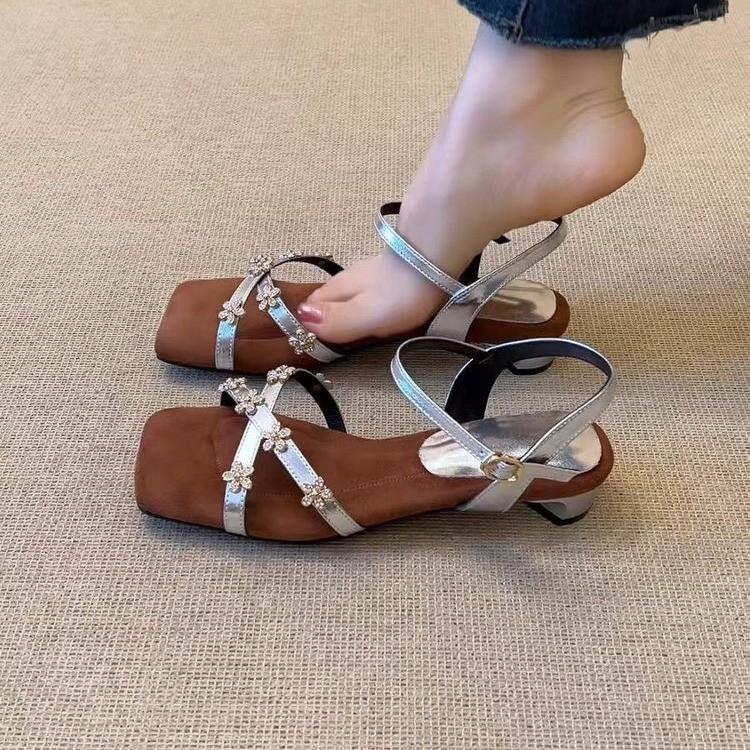 Fashion Vintage Square Toe Rhinestone Flower One-Toe Open-Toe Women's High-Heeled Sandals
