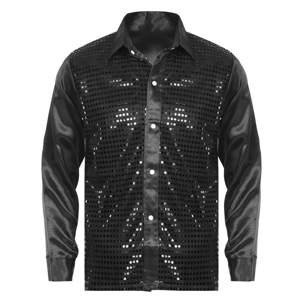 Mens Shiny Sequin Dance Shirt Latin Jazz Performance Wear Turn Down Collar Long Sleeve Patchwork Top