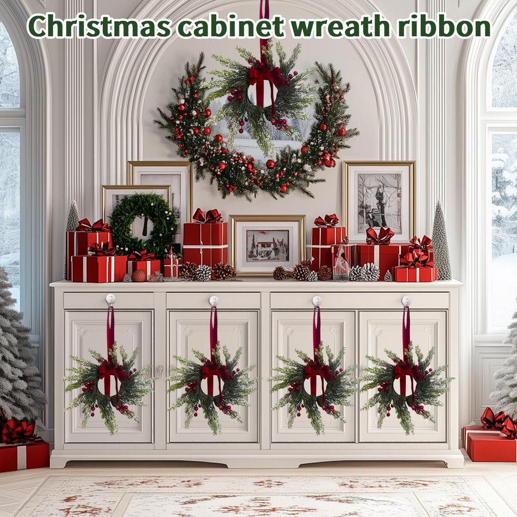 Christmas Kitchen Cabinet Wreaths With Plaid Bow Ribbon Hanging Cabinet Doors Wreaths Decorative For Kitchen Window Outdoor Indoor Holiday Decor