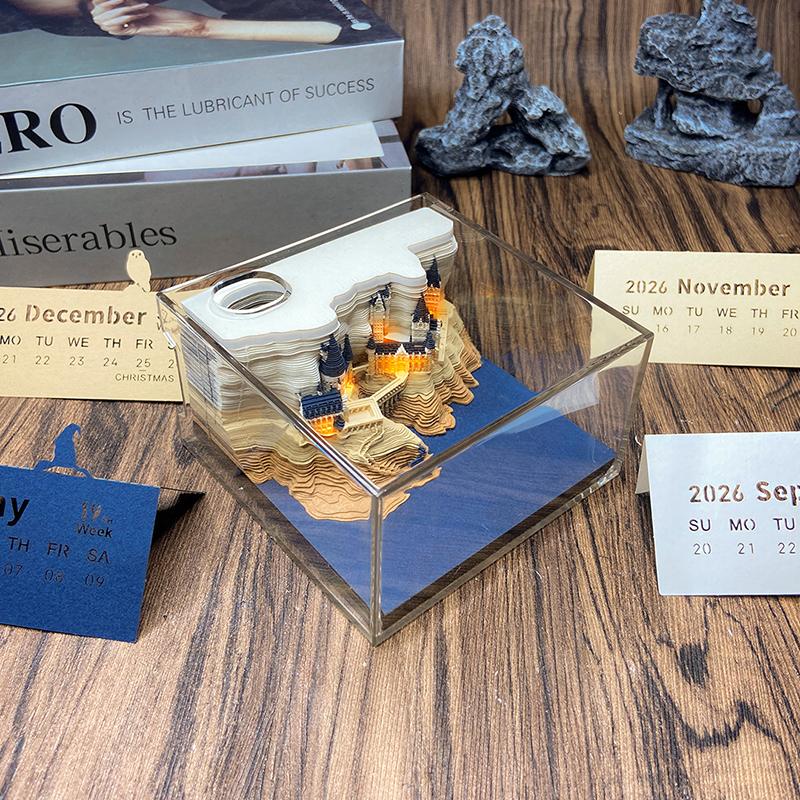 Time Piece Calendar 2026 Desk Calendar With Led Light 3D Tear-Away Calendar Paper Carving Art Memo Pad Notepad Gift Christmas