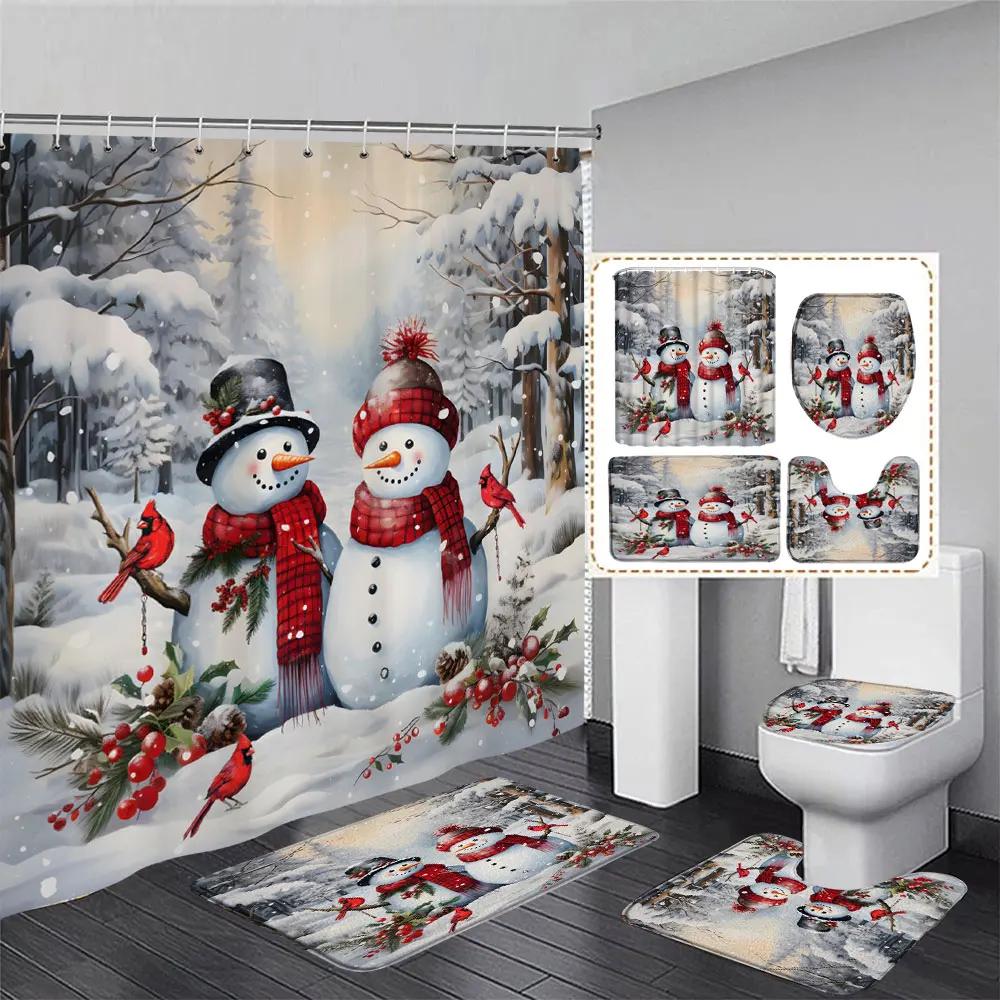 

Рождественский комплект занавесок для душа и коврика Снеговик Санта-Клаус Снежные рождественские подарки Подвесная занавеска Коврик для унитаза Декор для ванной комнаты W150xH180cm