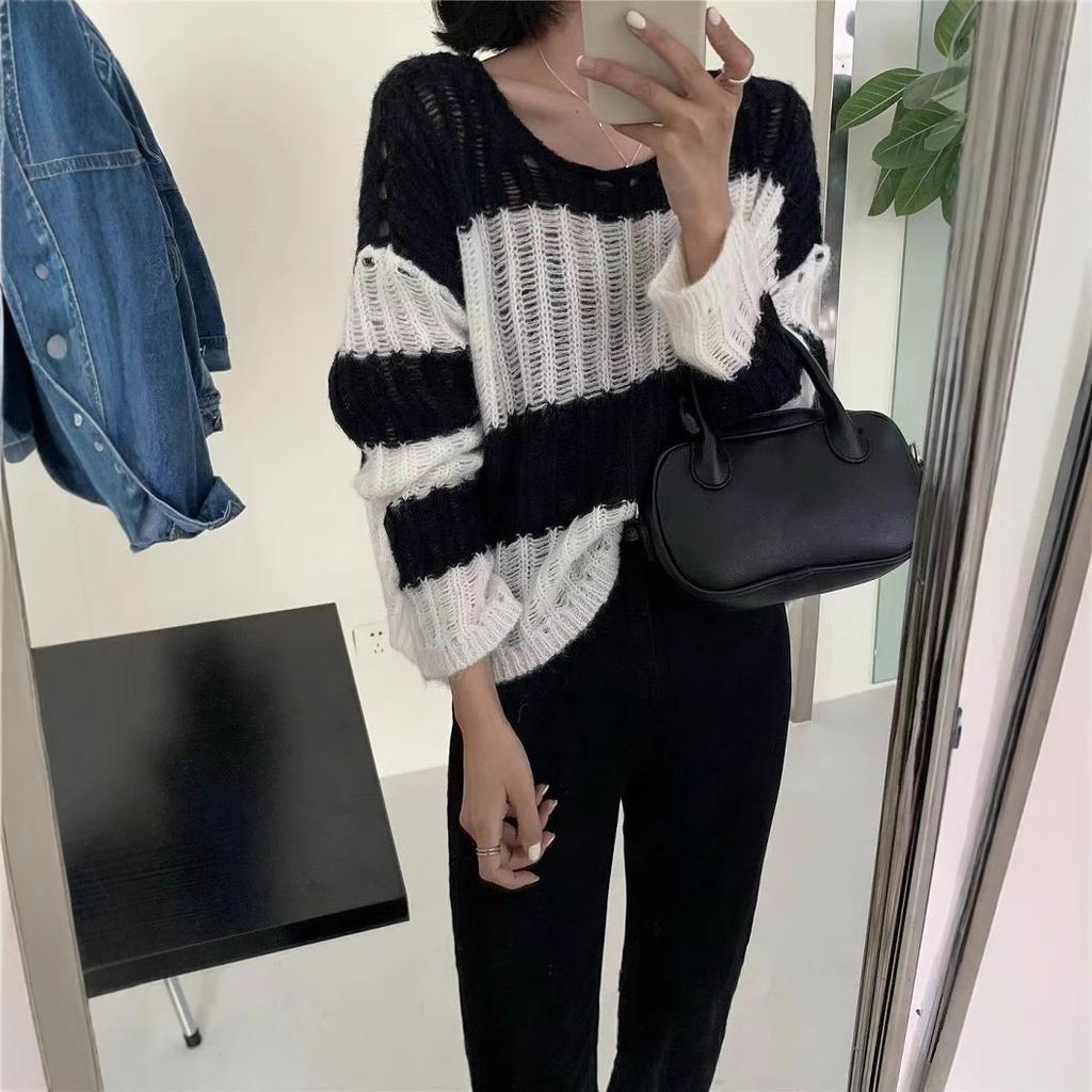 Splicing Design Sense Niche Loose Stripes Hollow Knitted Sweater Women's Spring and Summer Sweet and Gentle Sunscreen Sweater Long-sleeved Top