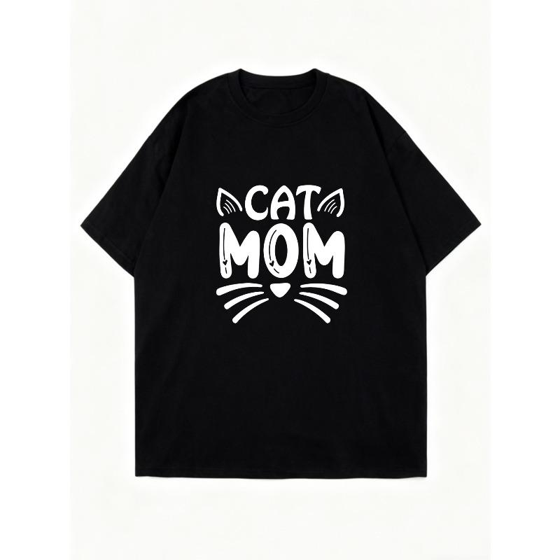 Oversized T Shirt Black Cat Mom Print With Cat Ears And Whiskers For Casual Wear And Pet Lover Outfits
