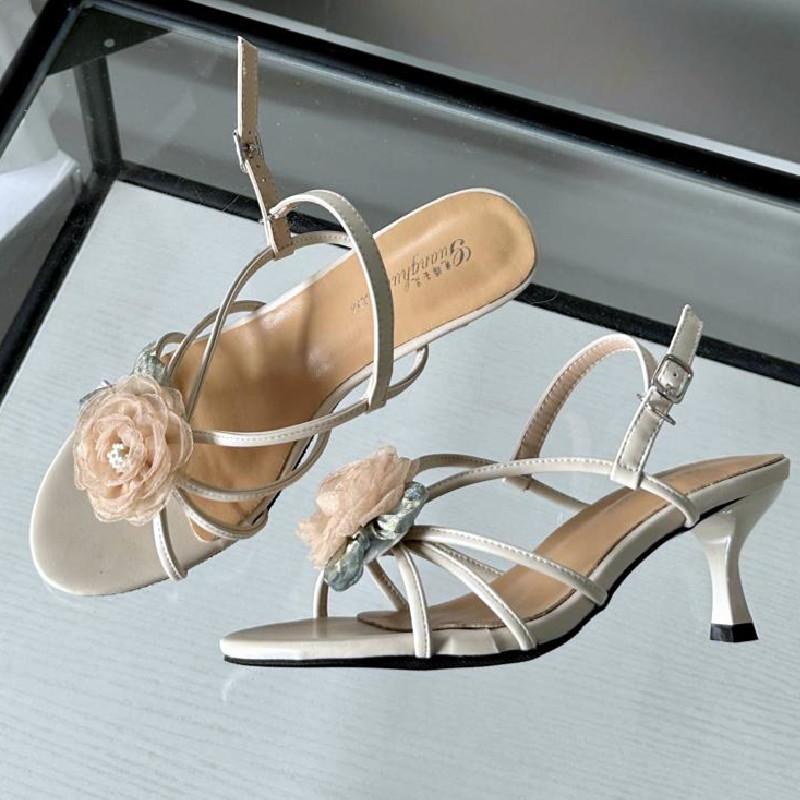 Floral Narrow Strap Designer Branded Sandals for Ladies Summer Open Toe Low Heeled Pumps Elegant Party Dress Buckle High Heels