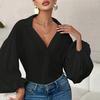 Women Shirt Lapel Half Open Collar Puff Long Sleeve Shirt Tops A-Line Tunic Soft Chiffon Casual Blouse Daily Wear