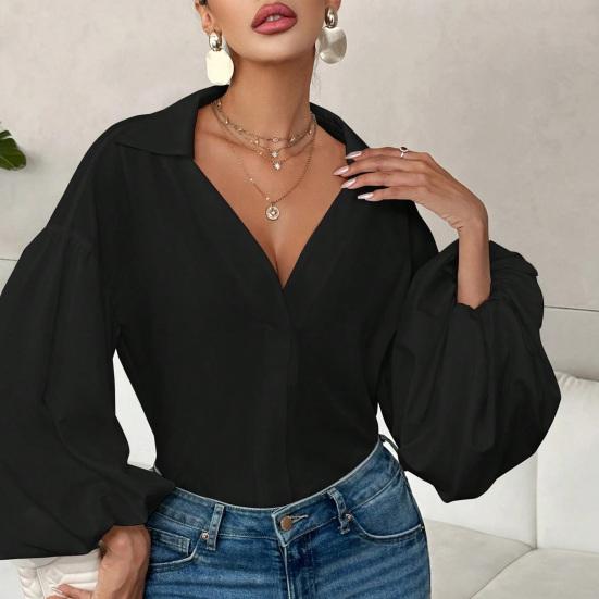 Women Shirt Lapel Half Open Collar Puff Long Sleeve Shirt Tops A-Line Tunic Soft Chiffon Casual Blouse Daily Wear