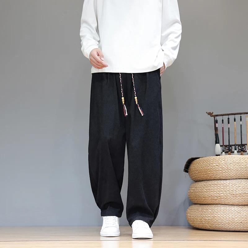 

Осенние мужские вельветовые брюки гаремного кроя, мужские повседневные брюки свободного кроя, мужские однотонные брюки для йоги, мужские брюки в китайском стиле M чёрный