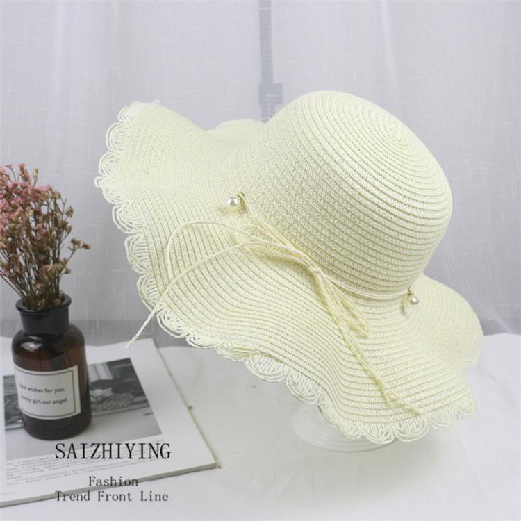 Women Summer Folding Sunscreen Wide Brim Cap with Bowknot for Seaside Beach