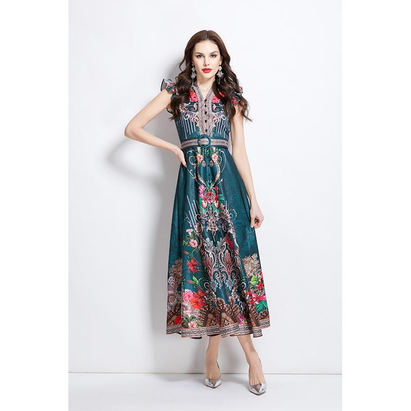 Summer Women Vintage Palace Print Designer Runway Dress V-neck Single Breasted Long Maxi Holiday Beach Boho Dresses with Belt