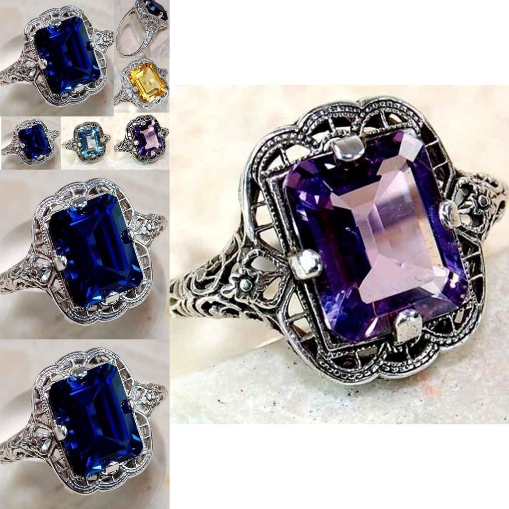 Elegant European Style Jewelry With Classic Square Cut Blue Sapphire Rhinestone Studded Ring