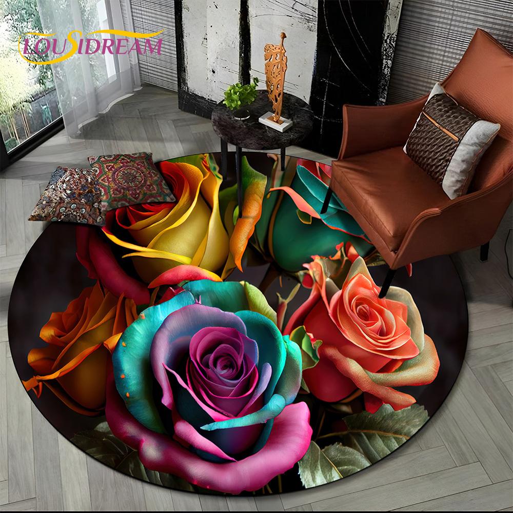 Luxuriöser Sonnenblumen 3D Rosen Nordische Gänseblümchen Runder Teppich Teppich für Wohnzimmer Schlafzimmer Sofa Dekor, Kinderbereich Teppich Rutschfeste Bodenmatte Geschenk