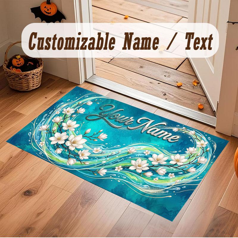 Floral Garden Theme Crystal Velvet Floor Rug Personalized Custom Name Text Warm Carpet Home Decoration