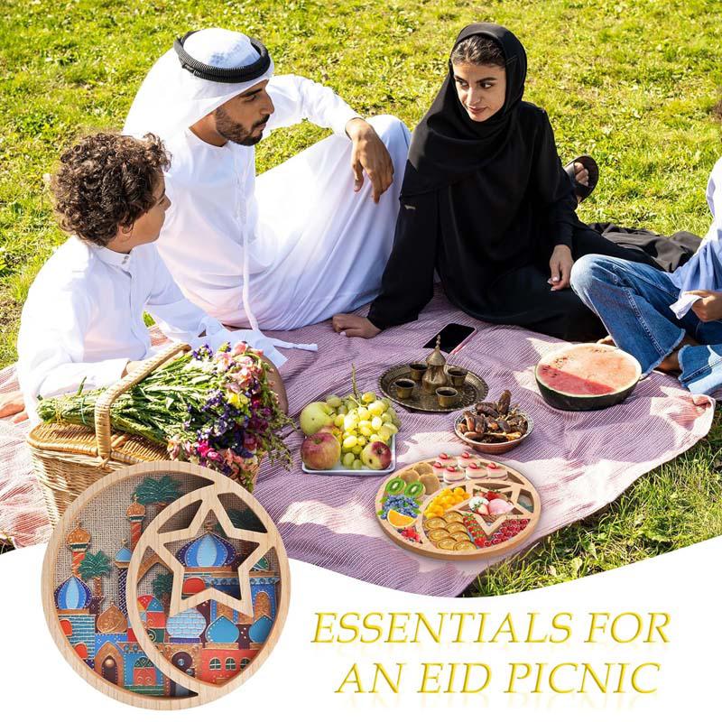 Ramadan Moon Star Serving Tray - Eid Cupcake Candy Plates Mubarak Religious Painting for Family Party Wooden Decorations