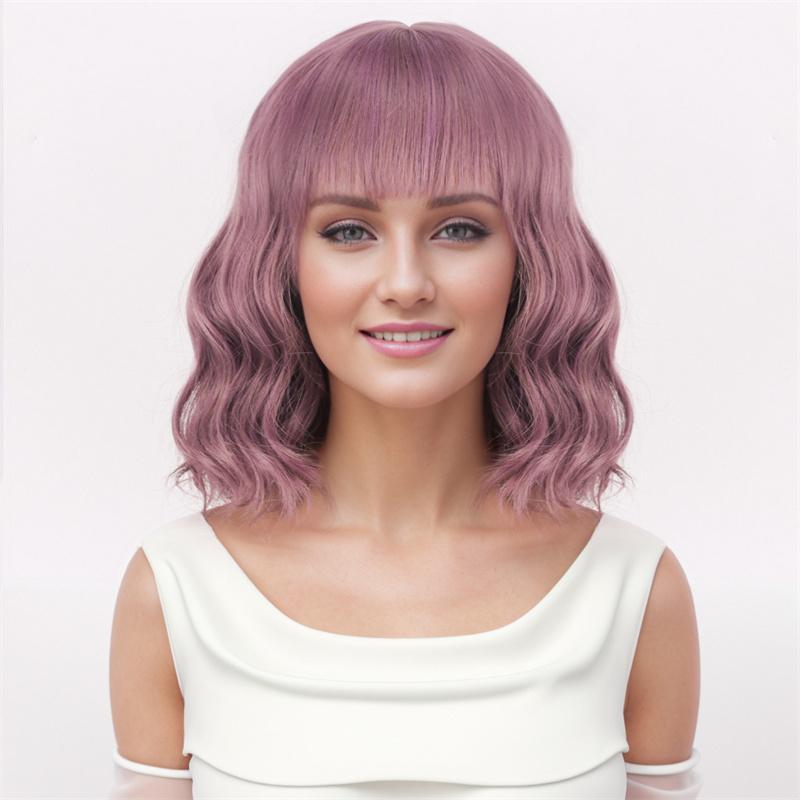 Synthetic Hair Pink Wig for Women Girls Short Curly Wavy Cosplay Wigs with Bangs Cute Water Wave Lolita Halloween Party