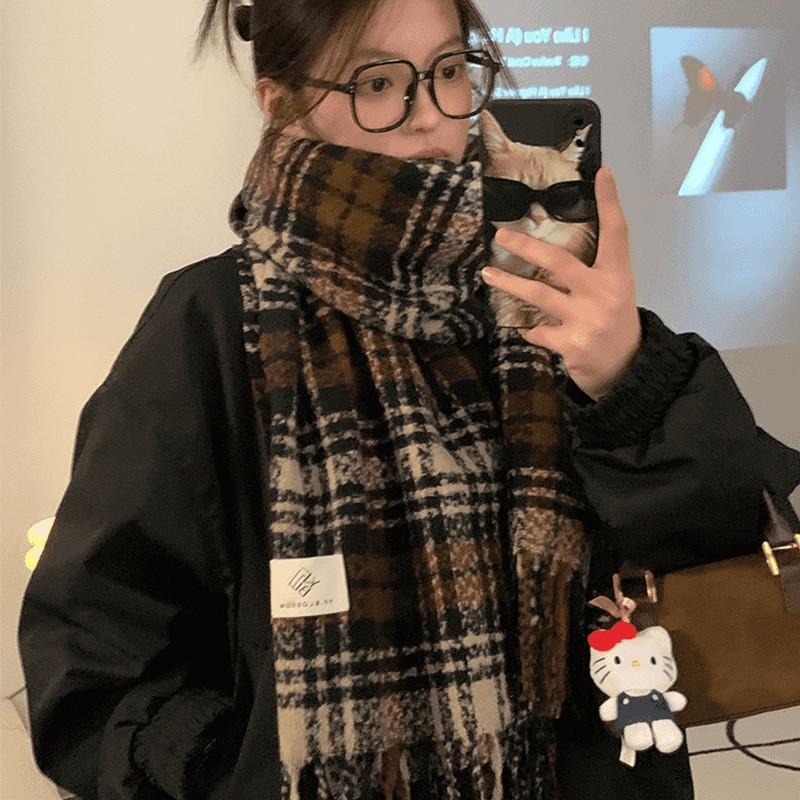 Autumn and Winter Popular Dry Rose Pink Plaid Scarf Female Korean Version Versatile Thickened Long Student Atmosphere Scarf