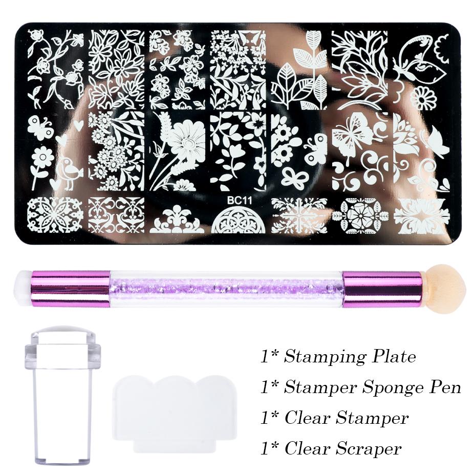 4pcs Nail Art Stamping Plate Flower Lace Patterns Image Stencil Stamper Gradient Nail Brush Nail Set Template Tools LYBC01-20-2