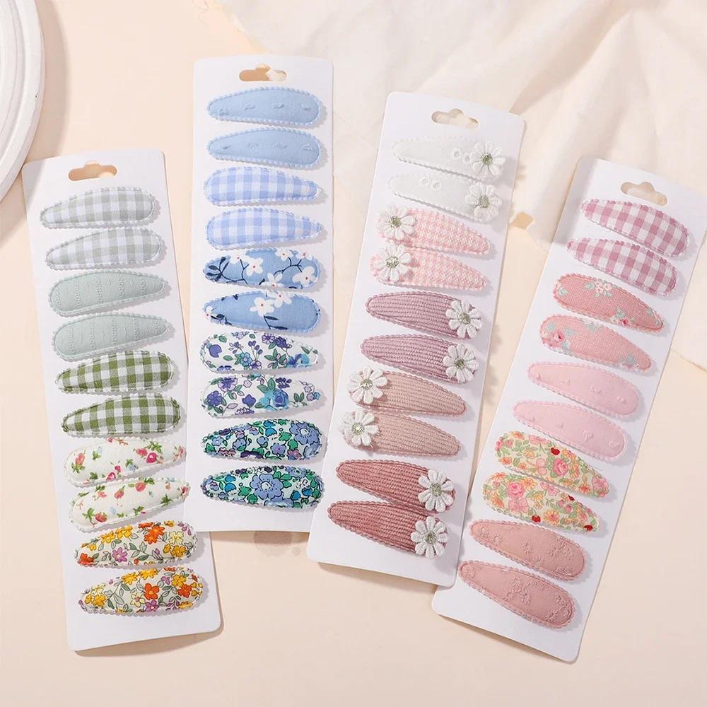 10pcs/set Fresh Print Cotton Alloy Hair Clips for Baby Kids Fabric Plaid BB Hairpins Todller Hairgripe Headwear Hair Accessories