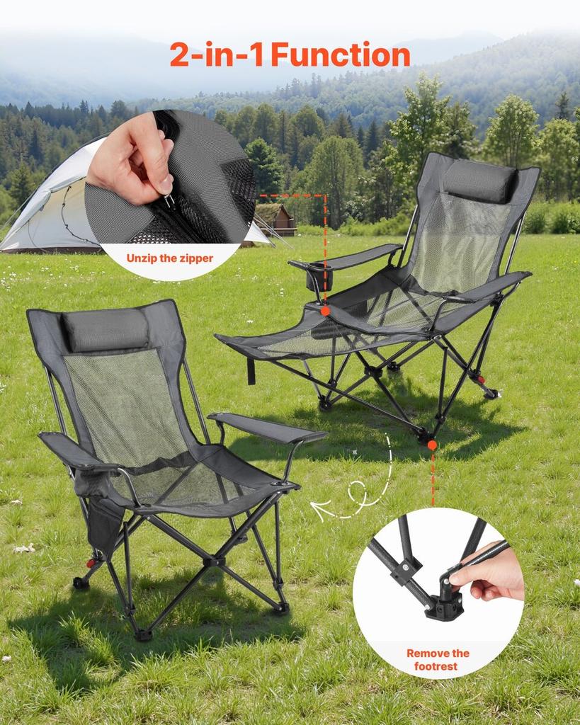 Reclining Camping Chair, 4 Adjustable Positions, Portable Folding Lounger for Adults, Mesh Beach Chair with Headrest & Foot Rest, Supports 220 lbs,
