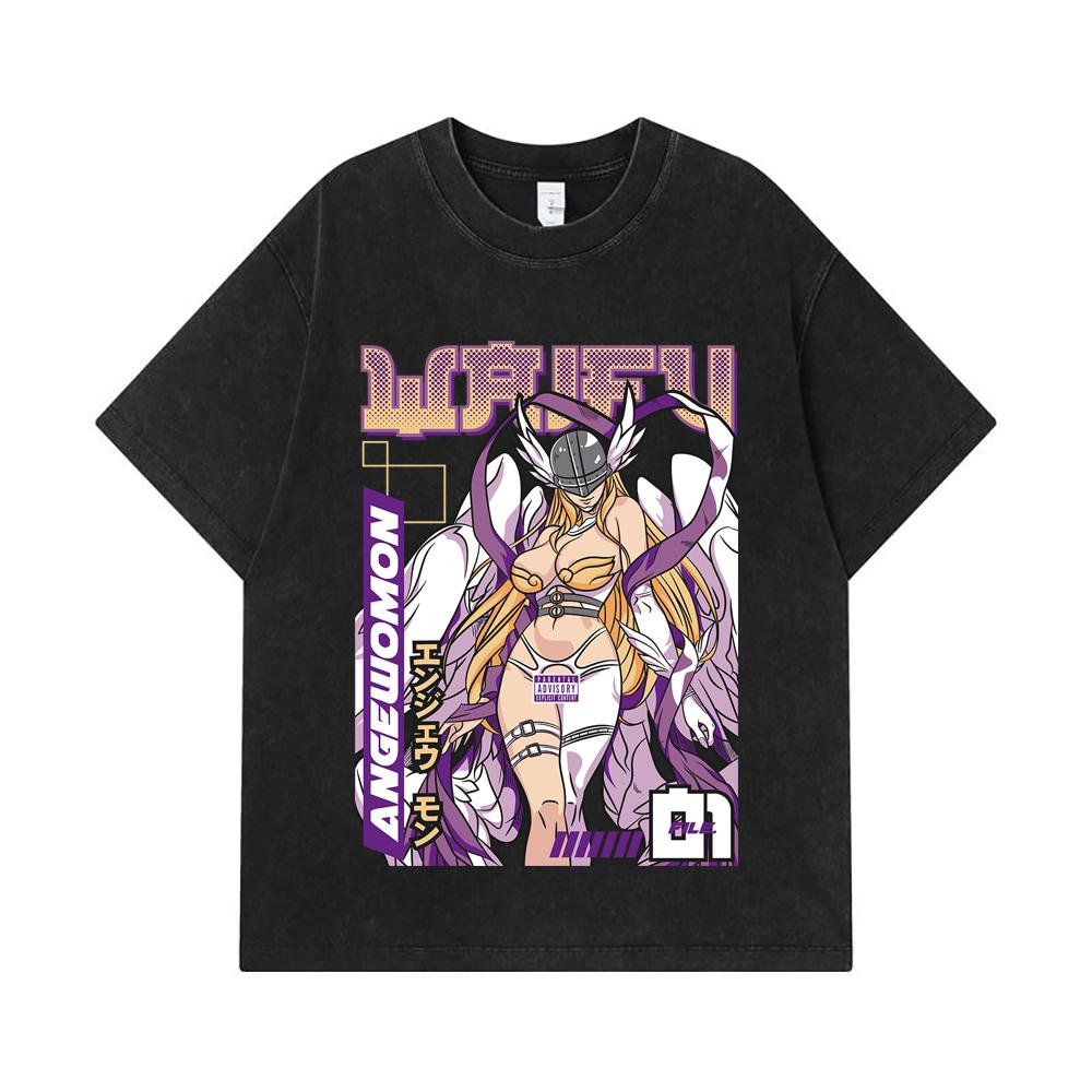 275 GSM Washed T-shirts 100% Cotton Digimon V9 Angewomon Waifu Print Unisex Heavy Cotton T Shirt