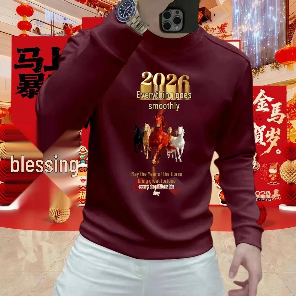 2026 Men's Year of the Horse Crewneck Hoodie: Trendy Winter Velvet Casual Long Sleeve Top
