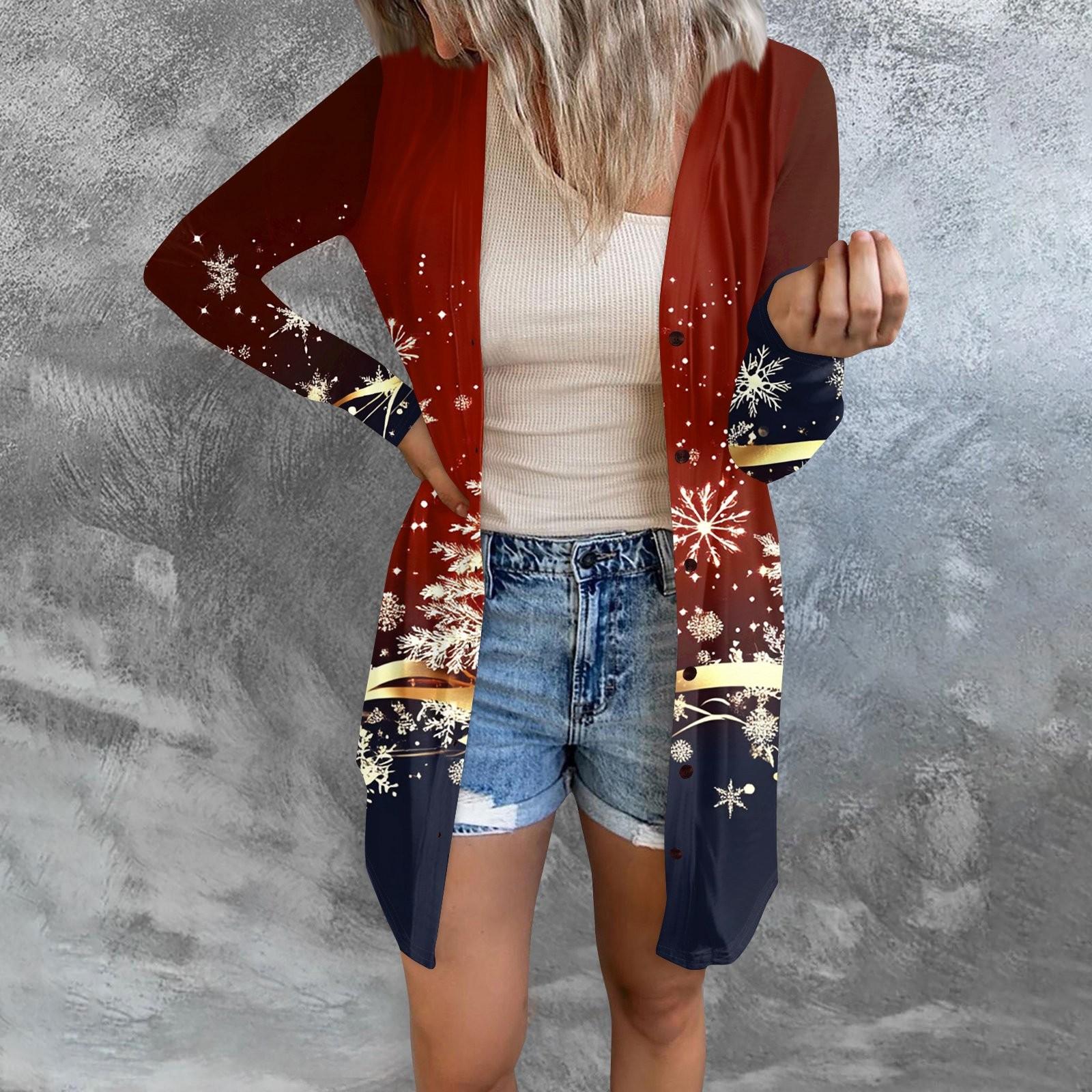 

Женская модная повседневная куртка с длинными рукавами и принтом средней длины, кардиган на пуговицах, пальто XL красный