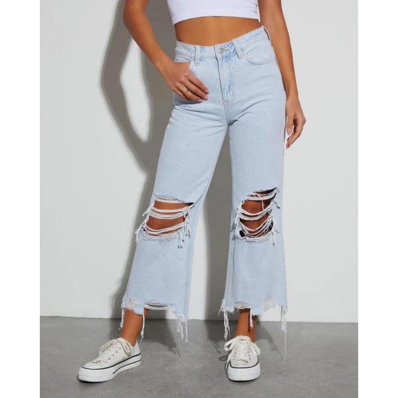 

Женские рваные джинсы повседневные свободные прямые брюки с высокой талией модные брюки темперамент L светло-синий