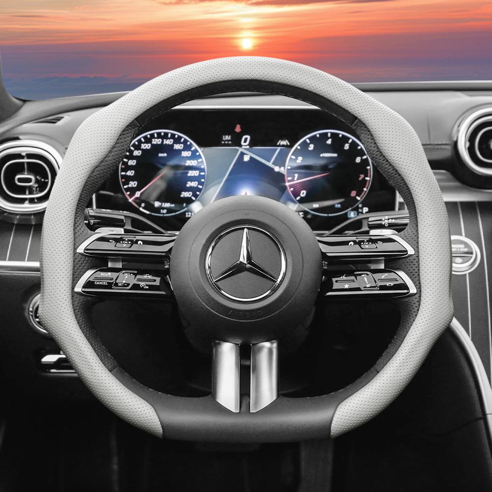 Suitable for Mercedes-Benz Perforated Leather Steering Wheel Cover, Non-Slip, Sweat-Absorbent, Breathable, Integrated Protective Case V 
