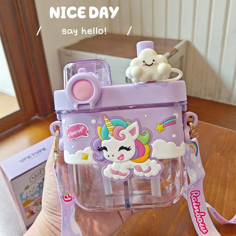 Dual Compartment Kids Water Bottle With Straw Silicone Sleeve - Cartoon Design 580ml BPA-Free PC Plastic