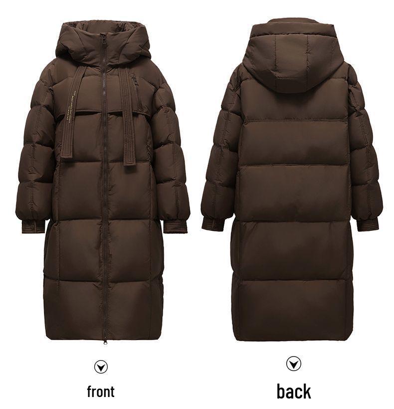 Kabat s kapucí a péřovou výplní ke kolenům - Silný, volný střih, korejský styl, odolný proti chladu s ozdobou na stuze.