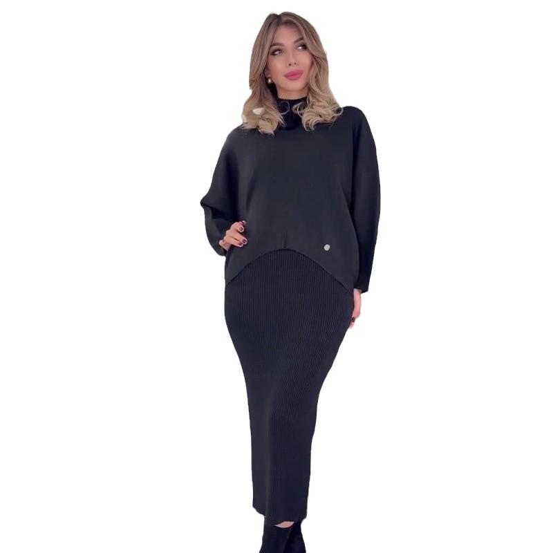 2024 Autumn Women's Solid Color Slim-Fit Knitted Dress & Korean Lazy Style Two-Piece Set