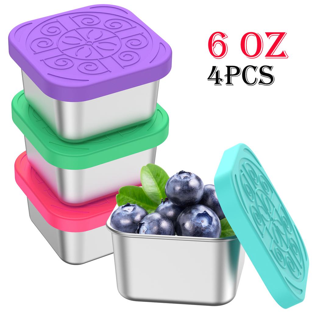4Pcs 2/6oz Snack Container Stainless Steel Salad Box with Silicone Lids Leakproof Portable Stackable Dressing Food Storage Box